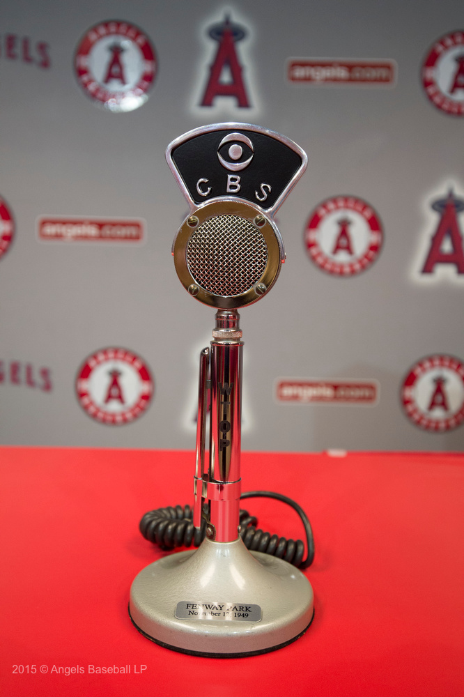 Replica microphone engraved with the date of Scully's first broadcast, a college football game at Fenway Park. 2016 © Angels Baseball LP. All Rights Reserved.